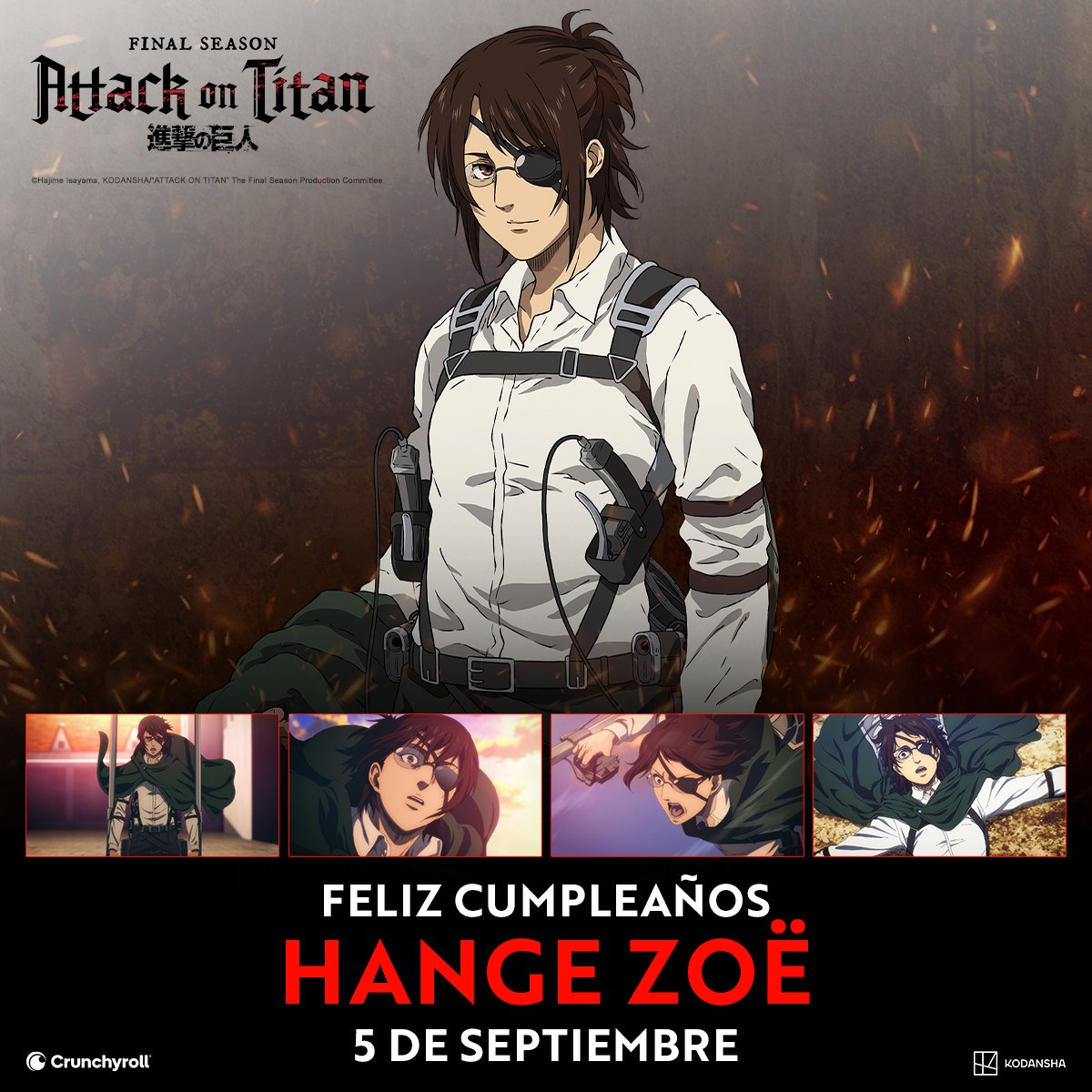 crunchyroll_la's tweet photo. ¡Feliz cumpleaños Hange Zoe! 🎂
Anime: Attack on Titan Final Season https://t.co/7D30T2iKFi