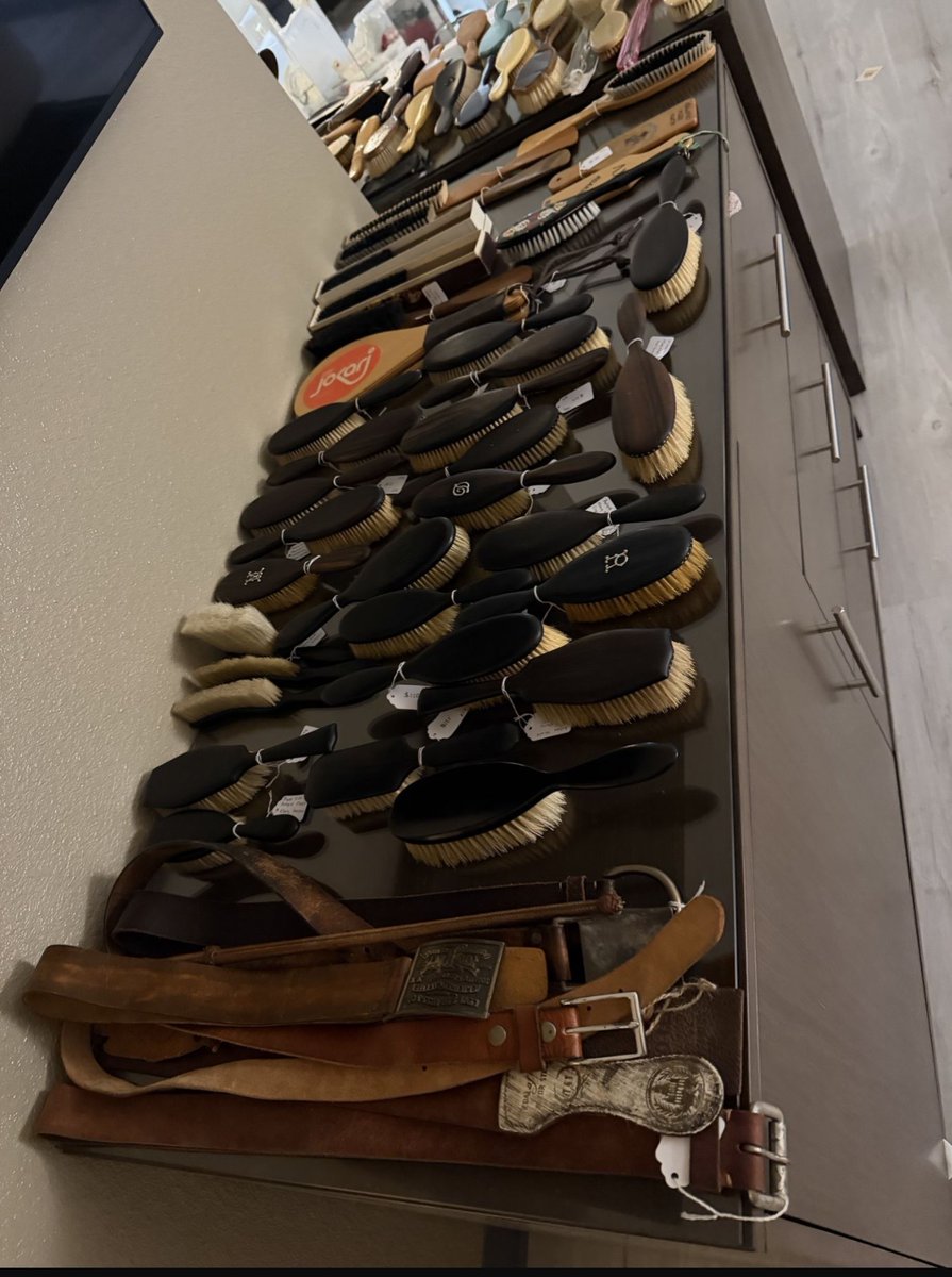 PA_Kennedy's tweet photo. If you're at @OasisPartiesLV go visit the Aladdin's cave of antique #spanking implements!  Hit up @Spankingland at https://t.co/ACFcI5hrCV for in-room vending appointments

TONIGHT! - Beautiful vintage hairbrushes, paddles and well-loved belts all available at the Vendors Fair this evening!