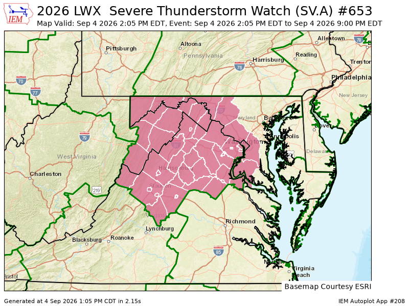 EricBourgois30's tweet photo. LWX issues Severe Thunderstorm Watch (1 forecast zones in [DC] and 7 forecast zones in [MD] and 34 forecast zones in [VA] and 8 forecast zones in [WV] and 2 forecast zones in [AN]) till Sep 4, 9:00 PM EDT https://t.co/Us19xo1Qr9 https://t.co/zRNsbeZ0Xs