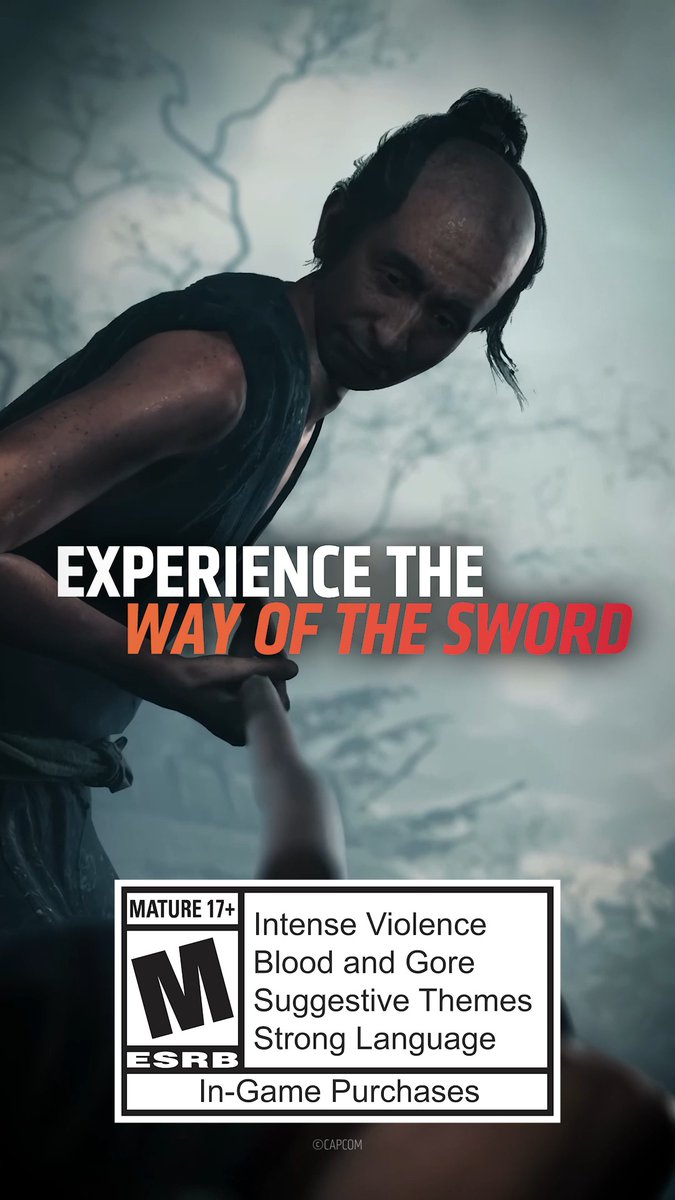 A video game promotional poster titled 'Experience the Way of the Sword' featuring a samurai character with a traditional topknot hairstyle, marked with an ESRB 'Mature 17+' rating for intense violence, blood and gore, suggestive themes, strong language, and in-game purchases, published by Capcom.