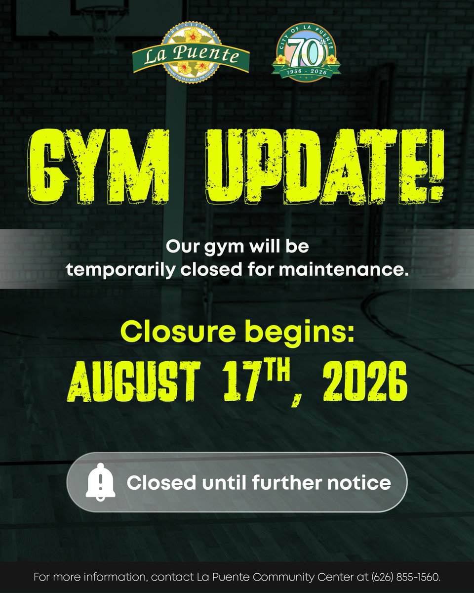 CityofLaPuente's tweet photo. 🚧⚠️ Reminder, La Puente!
The Community Center Gym remains closed for maintenance, and all gym activities are paused until further notice.
🔧 We’re working to get it ready for you!
📞 (626) 855-1560
#LaPuente #CommunityUpdate #GymClosure https://t.co/uYDiG3EvQZ