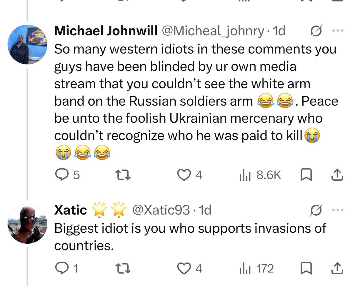 Micheal_johnry's tweet photo. @Xatic93 @worldmilihist You’re a retard i mentioned countries who invaded other countries seems I’m an idiot for saying the truth😅 and why are you pained seems to me you’re the one who supports countries that invades other countries, all I said was the guy killed in that vid is a paid mercenary clown🤡 https://t.co/LrbO7xBEna