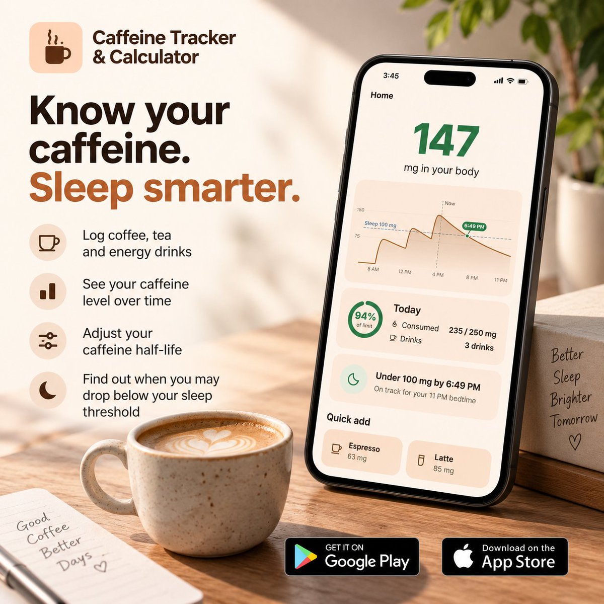 RyanMitchell_07's tweet photo. ☕ Track your caffeine. Sleep smarter.

See how much caffeine is still in your body and when it may drop below your sleep threshold. 😴

Google Play: https://t.co/Qo0g7qXfMw
App Store: https://t.co/gRULpuDuBx https://t.co/vcVJLD4eKD