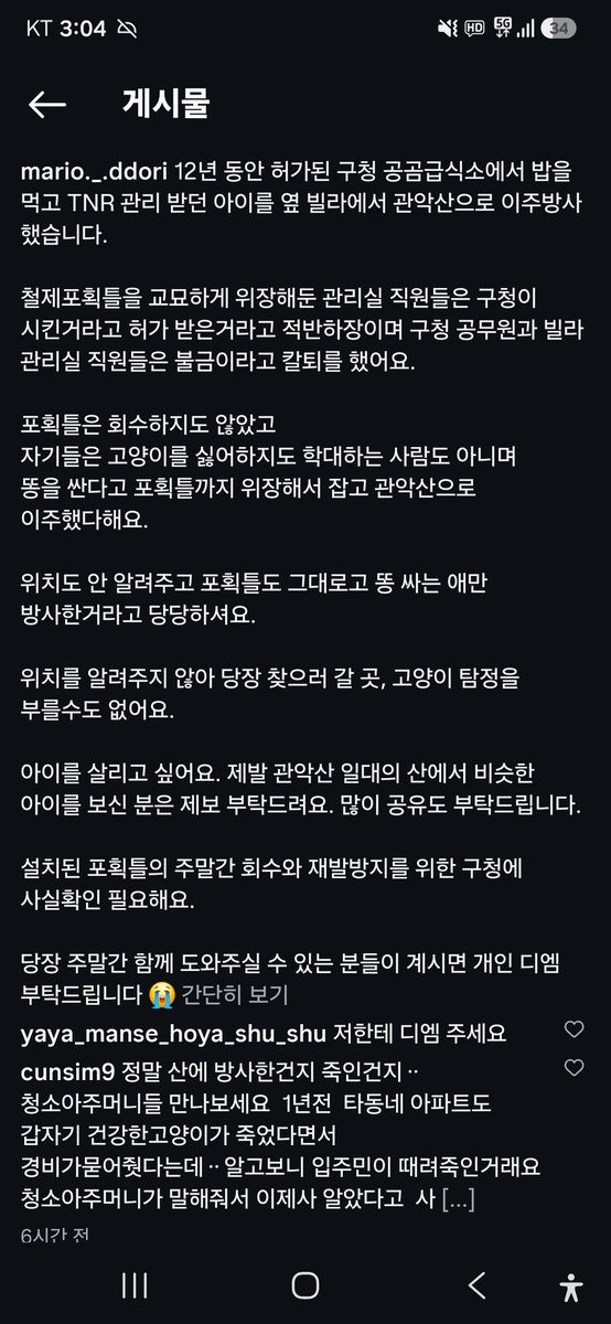 animalrtaccount's tweet photo. 사람이 밥주고 관리하던애를 빌라사람들이 포획해서 관악산에 이주방사. 사료먹던애가 그 넓은 관악산 어디엔가 방사됨. 
새덕후로 시작된 길고양이혐오 https://t.co/wk0NUwQ77b