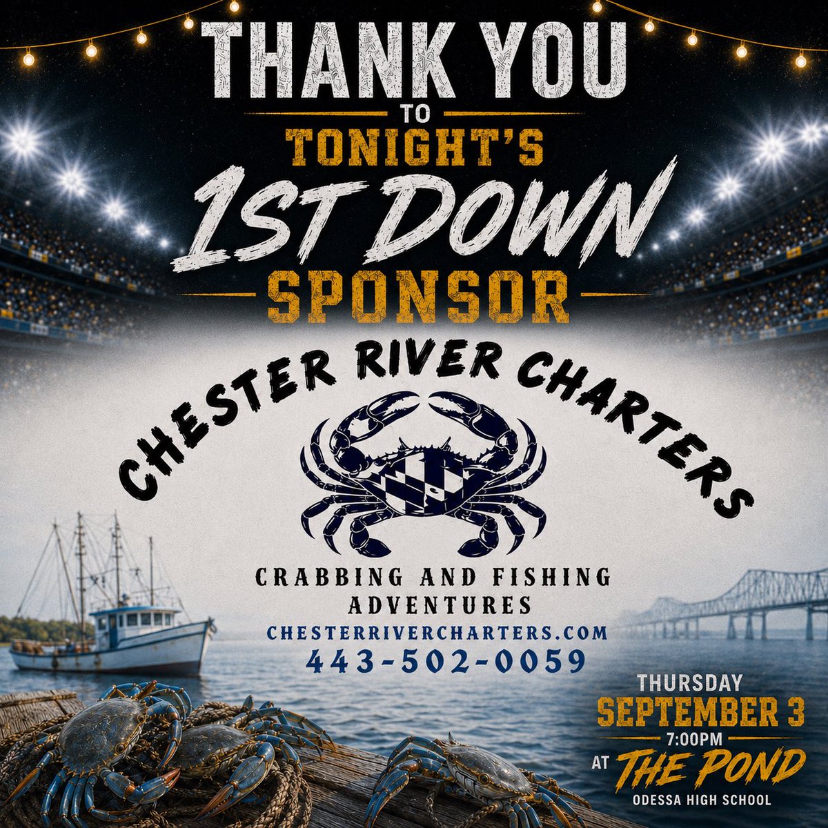DuckNationFB's tweet photo. 🏈 ONE MORE WEEK 0 — THANK YOU! 💚💛

We want to give ONE MORE shoutout to this week’s First Down Sponsor, Chester River Charters! 🦆🏈

Your support of Odessa Football helps make the student-athlete experience possible, and we are incredibly grateful for your support! https://t.co/g5wOZcUwtH