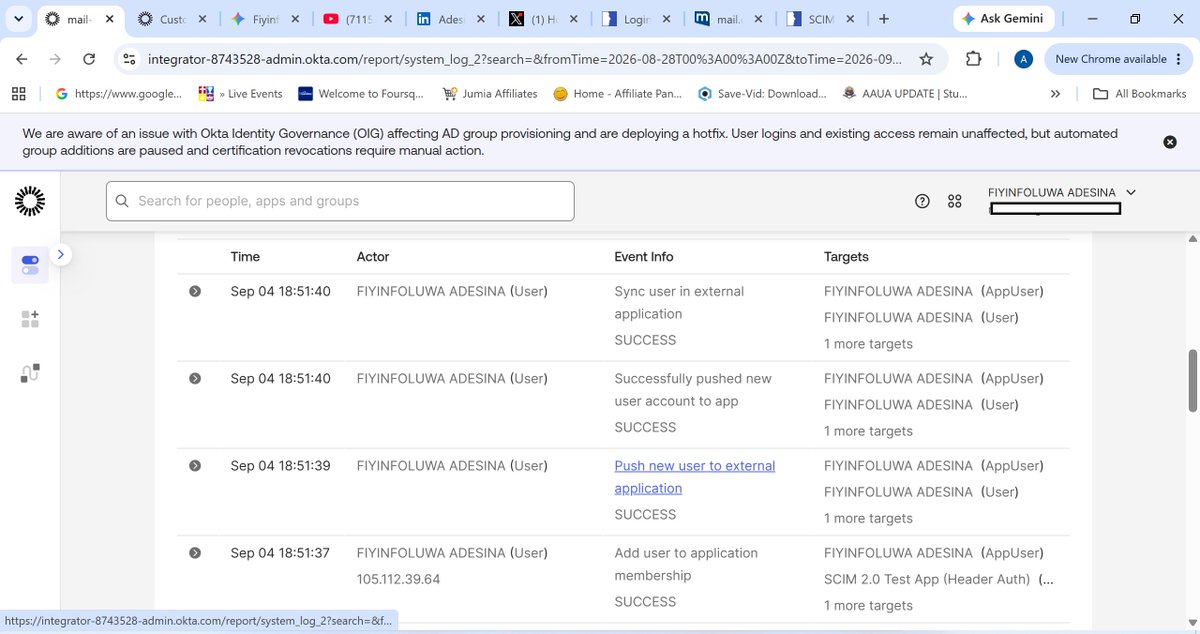 fiyin_iam's tweet photo. 3️⃣ Automated Lifecycle (JML): Verified outbound POST calls for user creation and PATCH calls (active: false) for deprovisioning upon unassignment.4️⃣ Checked System Logs (app.provision.user.deactivate) to trace API responses. https://t.co/yVeC7wXo8E