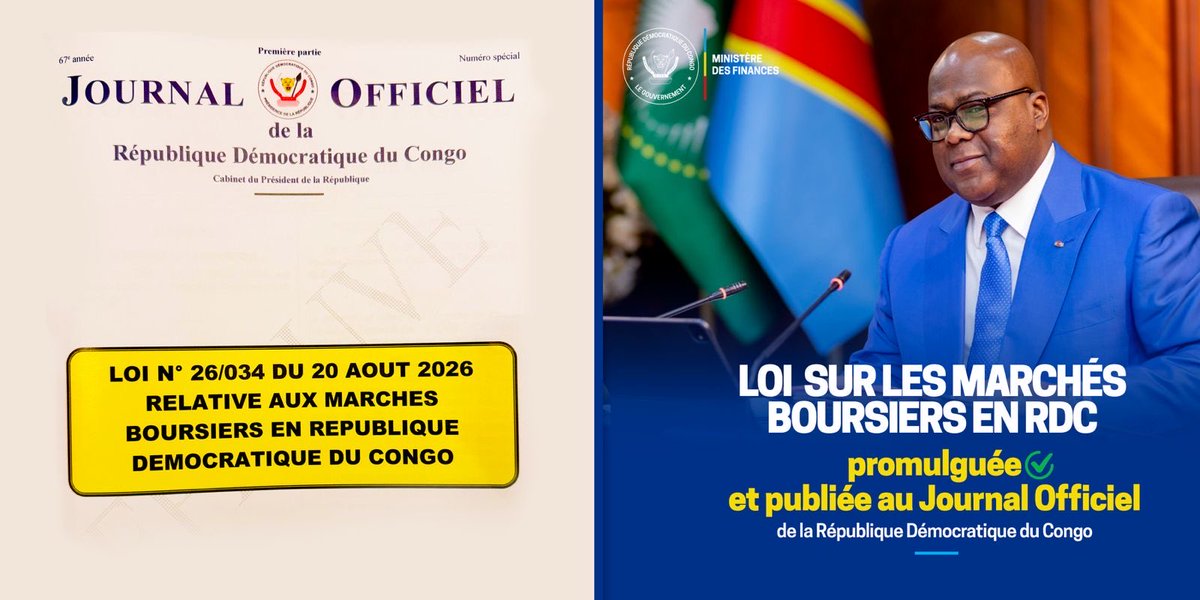 LikundeR's tweet photo. Réforme du système financier de la RDC :

Après le succès historique de l'entrée de la République Démocratique du Congo sur les marchés financiers internationaux, la Bourse de Kinshasa arrive ! 

L'histoire économique de la RDC ne retiendra pas les cris désespérés, mais les résultats tangibles.

Ce mercredi 2 septembre 2026, le Journal officiel de la République vient de publier, dans un numéro spécial, la loi n° 26/034 du 20 août 2026 relative aux marchés boursiers en RDC.

Promulguée par le Président de la République, Chef de l'État, Son Excellence Monsieur Félix-Antoine Tshisekedi Tshilombo, à l'issue d'un processus parlementaire rigoureux, la présente loi vient refonder le système financier de notre pays pour garantir le financement à moyen et à long terme de notre économie.

Avec la Kinshasa Stock Exchange qui arrive, nos grandes, moyennes et petites entreprises ainsi que nos startups auront accès au financement de leurs projets. L'épargne nationale sera valorisée et les Congolais deviendront actionnaires dans les entreprises nationales et multinationales de tous les secteurs de notre économie.

« LE PEUPLE D'ABORD »

Portée par un Ministère des Finances novateur, performant et au cœur des enjeux stratégiques de la nation, la réforme du système financier de notre pays par la mise en place des marchés boursiers, dont celui de la Bourse des valeurs mobilières, est une avancée déterminante pour une croissance économique endogène et la création d'emplois.

📍Prochaines étapes :
> Mise en place d'un Comité chargé d'opérationnaliser le marché boursier et validation de la feuille de route ;

> Déploiement de l'Autorité de régulation des marchés financiers (ARMF) prévue par la loi ;

> Élaboration du Règlement général par l'ARMF ;

> Agrément de la Kinshasa Stock Exchange ;
Mise en place ou détermination du Dépositaire central des titres et des banques de règlement ;

> Développement des infrastructures digitales de cotation et de post-opérations compatibles avec le système national de paiement supervisé par la Banque Centrale du Congo ;

> Mise en œuvre des mesures d'incitation fiscale prévues dans la loi, dont la réduction du taux de l'impôt sur les sociétés (IBP) pour toute entreprise qui sera cotée à la Kinshasa Stock Exchange ;

Objectif final : lancer les activités de la Kinshasa Stock Exchange avec les premières opérations de cotation et de transaction dans la période comprise entre juin et décembre 2027.

Nos hommages les plus déférents à Son Excellence Monsieur Félix-Antoine Tshisekedi Tshilombo, pour une vision réformatrice, et à Son Excellence Madame la Première Ministre.