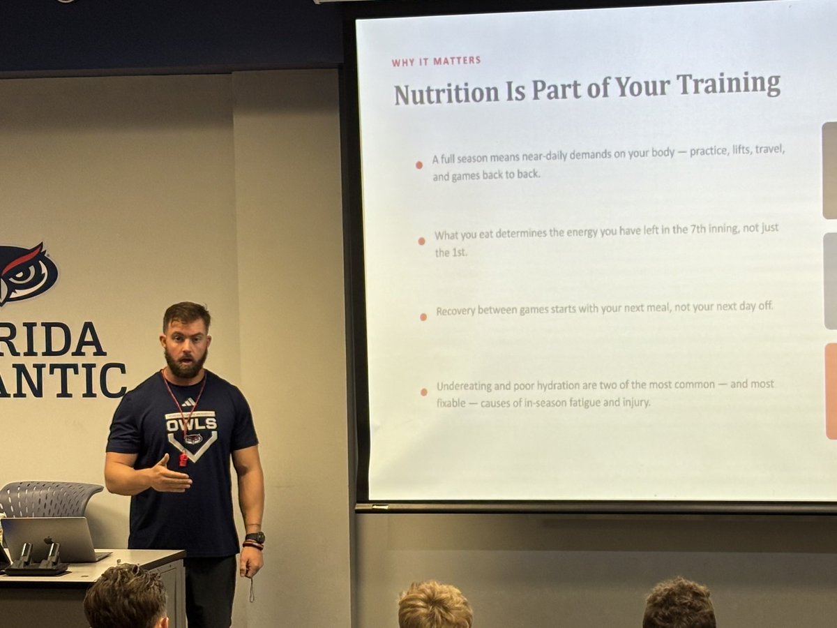 FAUCoachMac's tweet photo. Our strength coach Tyler Curtis talking nutrition and hydration with our team. Great info for the guys. https://t.co/BGSB9ZGoS3