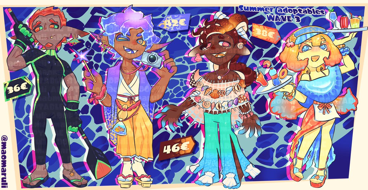 maomarulii's tweet photo. Summer adoptables WAVE 3 is now available on my K0F1 shop!! these are the last summer themed characters for this year but not the last adoptables! the next ones i will be making are most likely gonna be halloween ones, thank u for the support so far  🦭!!

#Splatoon3 #SplatoonArt https://t.co/H4YBp1SXot