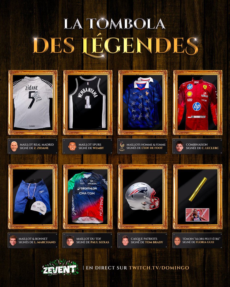 Domingo's tweet photo. La Tombola des Légendes est de retour avec des lots EXCEPTIONNELS !! 😍

Maillot de Zizou, maillot de Wemby, combinaison de Charles Leclerc, maillot de Léon Marchand, casque de Tom Brady et bien d’autres items de fou seront à gagner sur mon live tout au long de ce weekend de ZEVENT 🤩