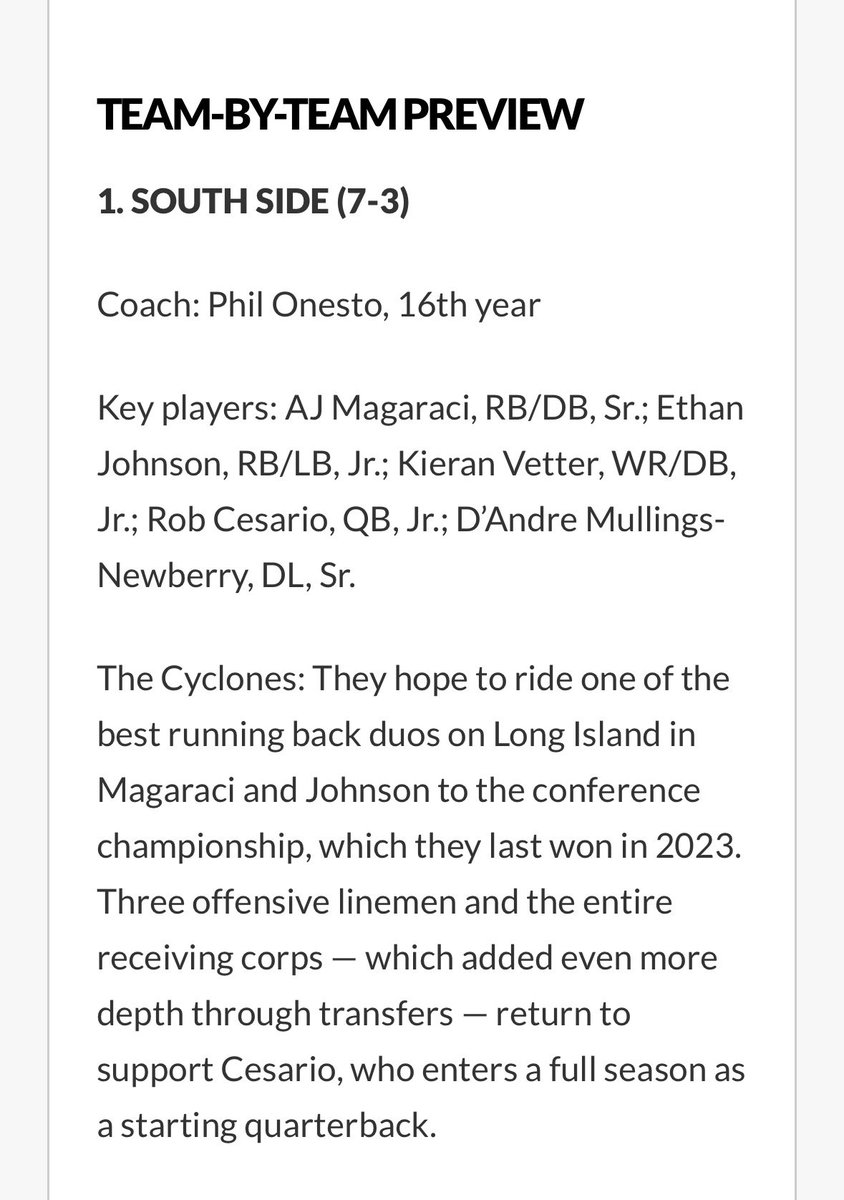 Johnson_Ethan7's tweet photo. Each and every mention in @NewsdayHSsports is a true honor, and validates the last 12 years of dedicating my life to the great game of football. Thank you @Gregg_Sarra @MikeAnderson_15 @MattLinds19 @jared_valluzzi @jonathanruban for today's mention. It's time to get work and bring it home for South Side Highschool Team 100.