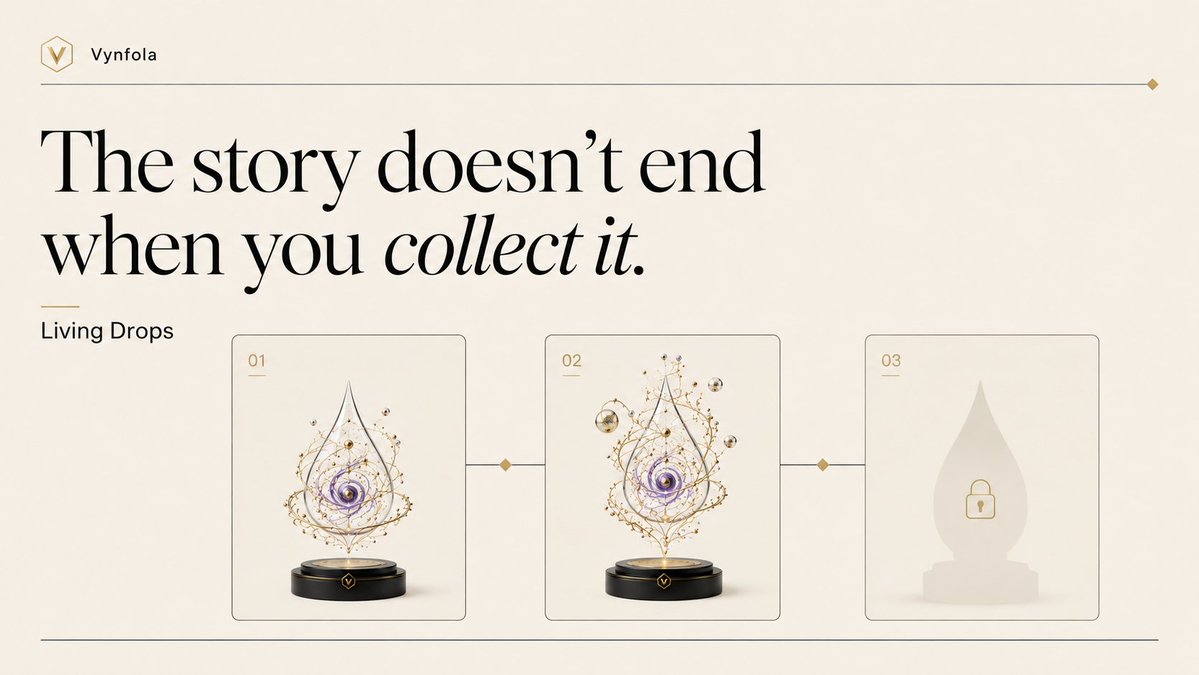 Vynfola's tweet photo. Most digital collectibles stop evolving the moment you buy them.

What if collecting was only the beginning?

With Vynfola Living Drops, creators can expand one collectible into an evolving story:

• New chapters
• Community milestones
• Holder-only content
• Permanent collector history
You don’t just collect the finished work.
You become part of what happens next. 💜