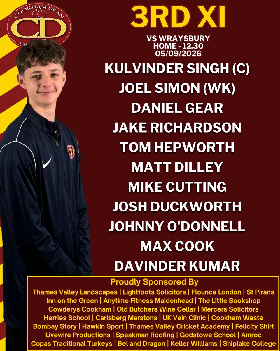 CookhamDeanCC's tweet photo. For the final time in 2026, here are your four CDCC sides for tomorrow's league games 🏏

#Cricket #CookhamDean #Berkshire #BerkshireCricket https://t.co/tXrXVQZmOG