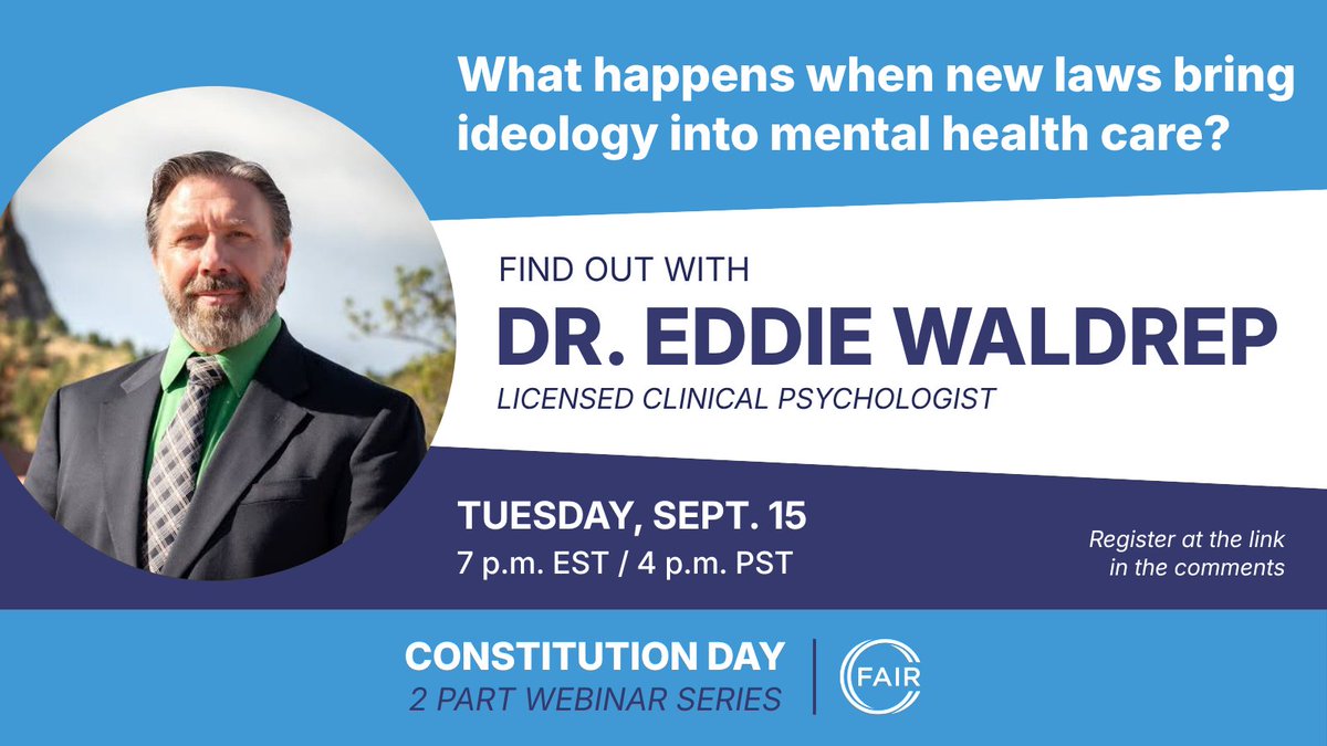 fairforall_org's tweet photo. 🧠 Find out how new laws in some states related to mental health may cause more harm than good with @dreddiewaldrep in our upcoming Constitutional Rights Webinar Series.

Dr. Eddie Waldrep is a licensed clinical psychologist who has been a member of FAIR since 2022, and is a champion of viewpoint diversity.

He has encouraged viewpoint diversity within the VA by sharing peer-reviewed articles from a variety of sources and authors, and facilitating discussion groups that bring alternate viewpoints to the fore. For sharing his views, he has been subjected to censorship, removal of personally-developed resources, restriction from supervising students, presentation of educational materials, and attendance at meetings until he enrolls in a "faculty improvement plan".

Dr. Waldrep’s articles, in which he writes about what is happening at the VA, have appeared in The Hill, Unsafe Science, WrongSpeak, Free Black Thought, and Critical Therapy Antidote. Related stories have been reported in National Review, Newsmax, and FOX Business. He specializes in the treatment and recovery of PTSD with the Colorado Springs Veterans Affairs (VA) clinic. Prior to becoming a psychologist, he served in the US Army and deployed to combat in Iraq.