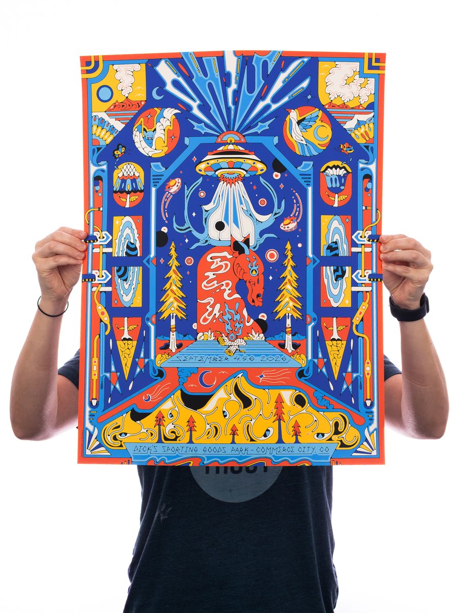 phishdrygoods's tweet photo. We will have two posters to close out Phish’s Summer Tour in Colorado this weekend ⛰️ Here is our first by @SummerbluessArt. 18”x24” screenprint, with an edition of 1,100. There will be a very limited rainbow foil edition of 300.

Early Merch at Dick’s will be located outside Gate F (at the south end of Victory Way) and will open at 4PM on Friday + Saturday only (no early merch on Sunday). Posters will also be available at inside merch stands.