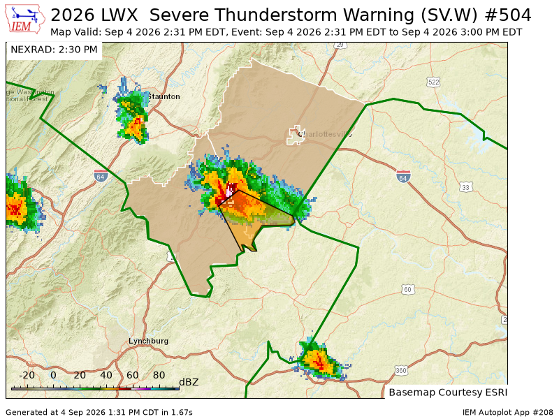 iembot_lwx's tweet photo. LWX issues Severe Thunderstorm Warning [wind: 60 MPH (RADAR INDICATED), hail: <.75 IN (RADAR INDICATED)] for Albemarle, Nelson [VA] till 3:00 PM EDT https://t.co/cYfr34bBea https://t.co/0geH4hBn8C