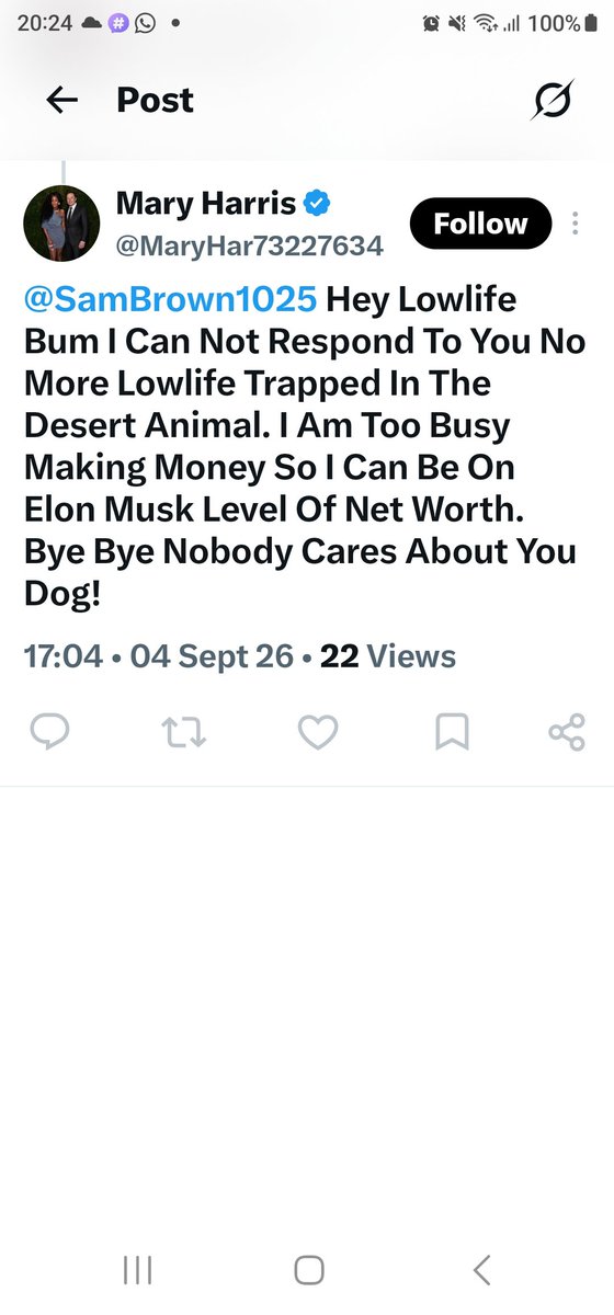 SamBrown1025's tweet photo. This crazies is completely desparate for @elonmusk and going around it the wrong way,  scolded me ans blocked me 🤪🤪 https://t.co/rD76aDUfqQ