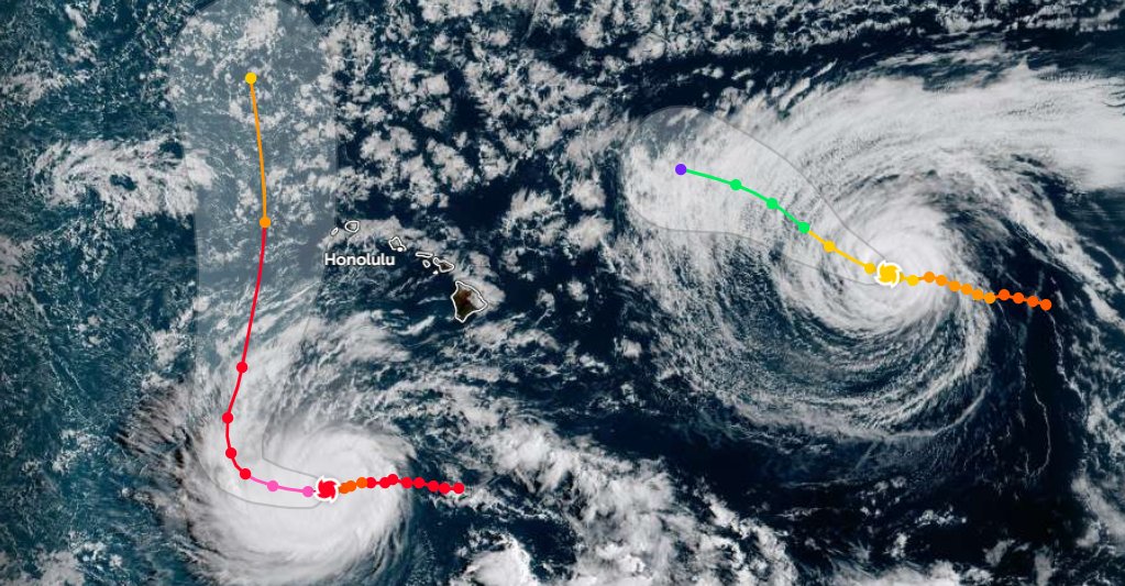 AaronOtsuka's tweet photo. ハワイへの台風であるが、最近の台風は９０度に曲がるよう。上からナノ金属をばら撒いた気象操作かな？ https://t.co/9NYqT3BTMO