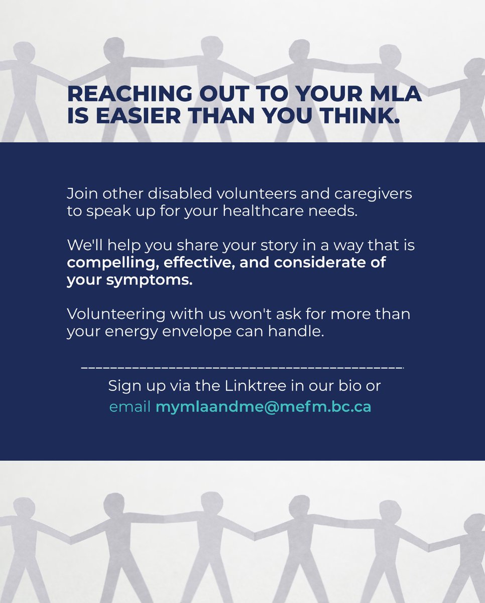 mefmbc's tweet photo. In BC, there are over 200,000 people with either myalgic encephalomyelitis (ME) or Long COVID that has lasted over a year. If this is you or your loved one, your voice is deeply needed.

Tell your story to your MLA.

Email mymlaandme@mefm.bc.ca https://t.co/bATJbtpqU0