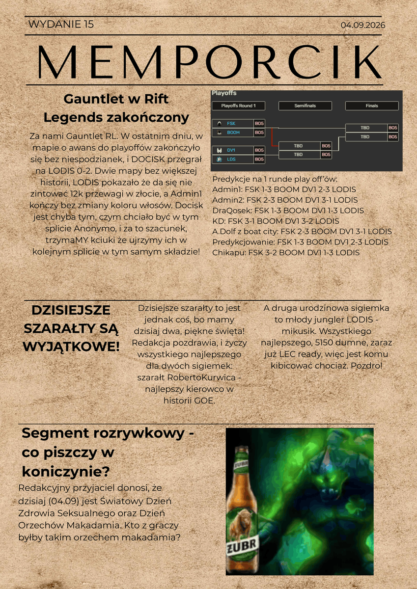 Memporcik's tweet photo. Nowy dzień, nowy Memporcik. Admini chyba zdali swój egzamin, i ugotowali calkiem niezle wydanie tego pięknego wieczoru. Szarałt dla dzisiaj świętujących, wszystkiego najlepszego mordeczki! https://t.co/8pfHUMoYcq