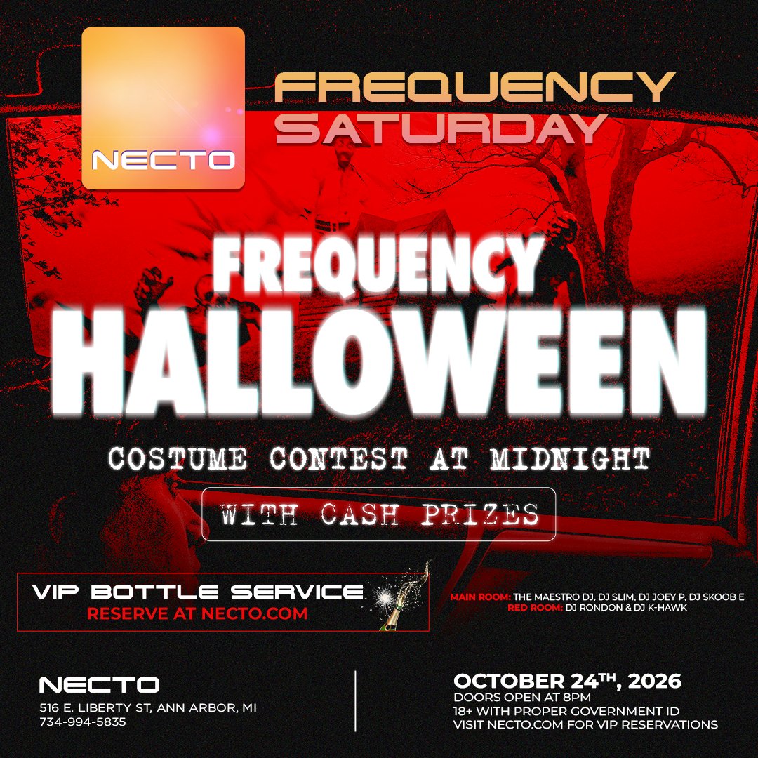 Necto's tweet photo. You wished for the best Halloween party. Wish granted. 👀 

Costume up and head to Ann Arbor’s favorite club for an unforgettable Halloween party you’ll obsess over. 🔥 https://t.co/C4Ky63BCUE