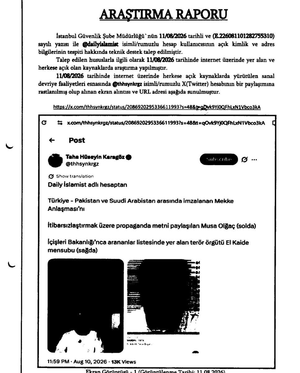 aydnnmn's tweet photo. Türk medyası İçişleri Bakanlığı’nın Terörden Arananlar Listesi'nde bulunan Mazlum Abdi ile röportajlar yapıyor ve bunlar ana akım medyada rahatça yayımlanıp her yere servis edilebiliyor.

Ama @dailyislamist'te bizlerin bağımsız habercilik faaliyeti bugün itibariyle Ağır Ceza Mahkemesi'ne taşındı.

Esed rejimine karşı Ahmed Şara ve arkadaşlarıyla birlikte Suriye devriminde rol almış Musa Olgaç’ın kendi açık kimlikli X hesabından paylaştığı ve hiçbir yorum katmadan olduğu gibi haberleştirmemiz sonrası, Taha Hüseyin Karagöz isimli Çin muhbirinin de direkt hedef göstermesiyle "Terör Propagandası" gibi bir suçlamayla gözaltına alınmıştım.

Bugün de hakkımda “Terör Örgütü Propagandası" suçlamasıyla iddianame hazırlandığını ve Ağır Ceza Mahkemesi’ne sunulduğunu öğrendim.

İddianamede ise yalnızca yukarıda bahsettiğim paylaşım ve Taha Hüseyin Karagöz'ün hedef gösterdiği paylaşım mevcut.

Daha düne kadar Türk Silahlı Kuvvetleri de dahil olmak üzere binlerce mücahidin kanına girmiş Mazlum Abdi'yle ilgili yayınlara tanınan bu müsamahanın, Ahmed Şara ve arkadaşlarıyla beraber Esed rejimine karşı savaşmış isimlerle ilgili yapılan yayınlara tanınmıyor olmasının adaletli bir tutum olduğunu düşünmüyorum. 

Allah bize yeter O ne güzel vekildir.
