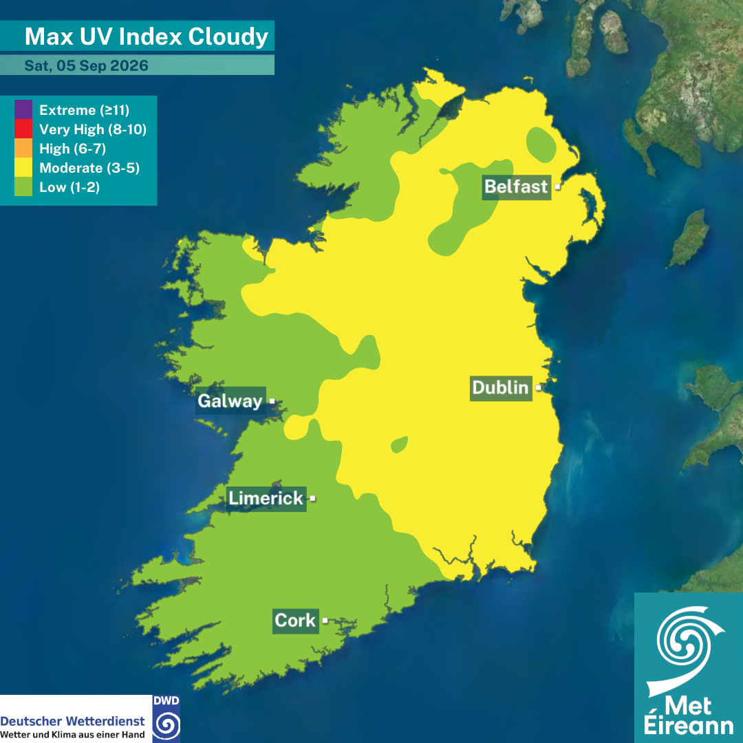 MetEireann's tweet photo. #UV Index for Saturday, 05th September

▶️ Moderate under clear skies
▶️ Low to moderate under cloudy skies

Remember to be #sunsmart and protect your skin and eyes from the sun, even on cloudy days 🕶️🧴🧢
ℹ️ https://t.co/HPryW0cMDo https://t.co/ZZiJNxJLyO