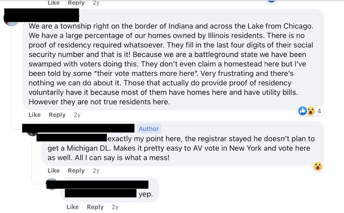 PattyLovesTruth's tweet photo. Michigan Clerk's Facebook Page post #2:

In 2023, I was granted access to a Michigan Clerk's Facebook page by a whistleblower. I have several screenshots of conversations about the procedures used by Michigan's crooked Secretary of State
@JocelynBenson, and how she and her top officials (at least one of whom is a member of the page) helped to facilitate election fraud in 2020.   At least once a week, I will share one of these posts to prove that Jocelyn Benson should never be trusted to run our elections, much less our state.

This Facebook post reveals how easy the MI SOS  (@JocelynBenson) has made it for people to cheat that live in other states, but have vacation homes in Michigan.

The clerk whose office is near Indiana border has a lot of Chicago residents who vacation on Lake Michigan (this is very common). The clerk explains how THERE IS NO PROOF OF RESIDENCY required to vote in Michigan, so citizens of other states can easily vote in MI elections. These out of (blue) state voters, tell the clerk they are voting in MI, because "their vote matters more here" (in the swing state of MI). The clerk explains that they only have to show proof of residency by providing utility bills, and only have to use the last 4 (alleged) digits of their SS#.

Another clerk agrees and points out that a voter in her district doesn't plan to get a Driver's license for MI, making it easy for him to vote absentee in both states.

Another clerk agrees.  
It is a misedemeanor to knowingly register to vote in Michigan if you live in another state.
It's a felony if you vote. 

Why is no one in Michigan ever charged for these crimes?  Because for 6 years, MI SOS Jocelyn Benson has been encouraging fraud and MI AG Dana Nessel has looked the other way when voter fraud occurs or dismissed charges against fellow Democrats (like Southfield Clerk Sharikia Hawkins who was charged with 6 felony voter fraud charges and then quietly had all but one, that was reduced to a midemeanor, dropped). 

Michigan is a lawless elections state. 

Michigan needs to elect Anthony Forlini for MI SOS in November, and John James for governor. Jocelyn Benson CANNOT be Michigan's next governor!