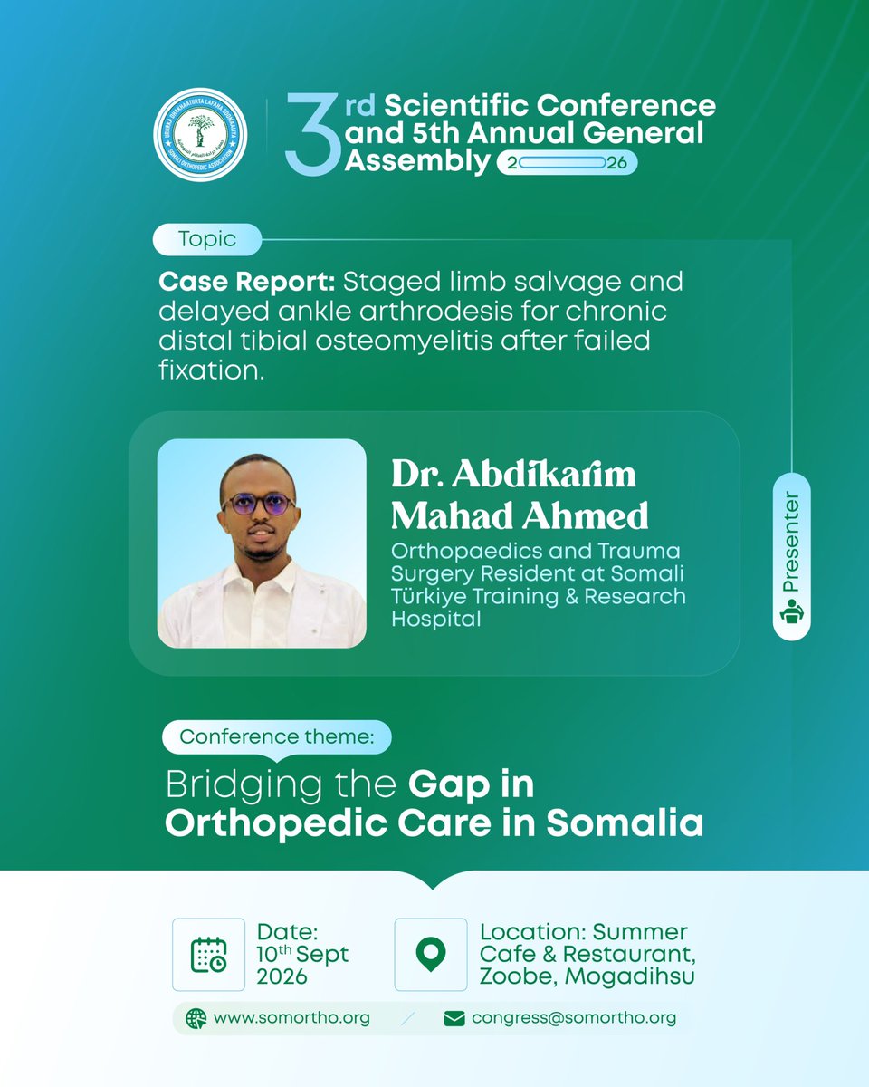 SomOrtho's tweet photo. Managing chronic distal tibial osteomyelitis following failed internal fixation requires meticulous, staged reconstruction to clear infection and achieve stable joint fusion.

#SOAConference2026 #OrthopaedicConference
 #SOA2026 https://t.co/5oGEZHuxRB