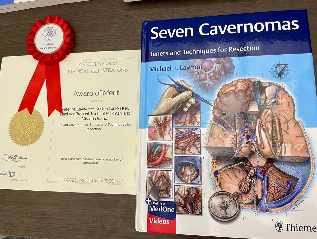 BarrowNeuro's tweet photo. Congratulations to Barrow #Neuroscience Publications on receiving an @AMIdotorg Award of Merit! @PeterMLawrence1, @kristenlarson, Dani VanBrabant, Michael Hickman, & Miranda Stano received the award for their illustrations in Dr. @mtlawton's "Seven Cavernomas," textbook. #AMI2026 https://t.co/wVOJyiwBia