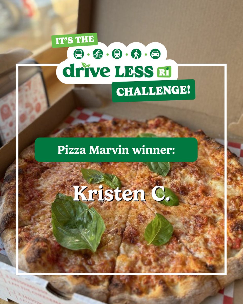 DriveLessRI's tweet photo. 🍕 Congrats to Kristen C, winner of a $50 Pizza Marvin gift card!

Want to be a winner too? Keep logging your green trips in Drive Less RI. Every eligible trip earns an entry toward weekly prizes AND our FINAL Fall Fun Quarterly Prize Package! 🍂🎃 https://t.co/XfJeVAllAq