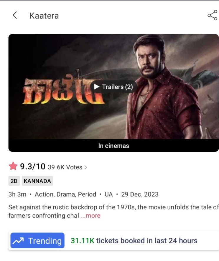 KingKariyaa's tweet photo. 2nd Friday in BMS

#Kaatera: 31K+ Tickets (Single language and Single state) ❤️‍🔥
#ToxicTheMovie: 29K (28 States, 6 languages including English) 🥲

Ivnu nange competition ah 😭🤦

#DBoss https://t.co/kYskYiSnfe