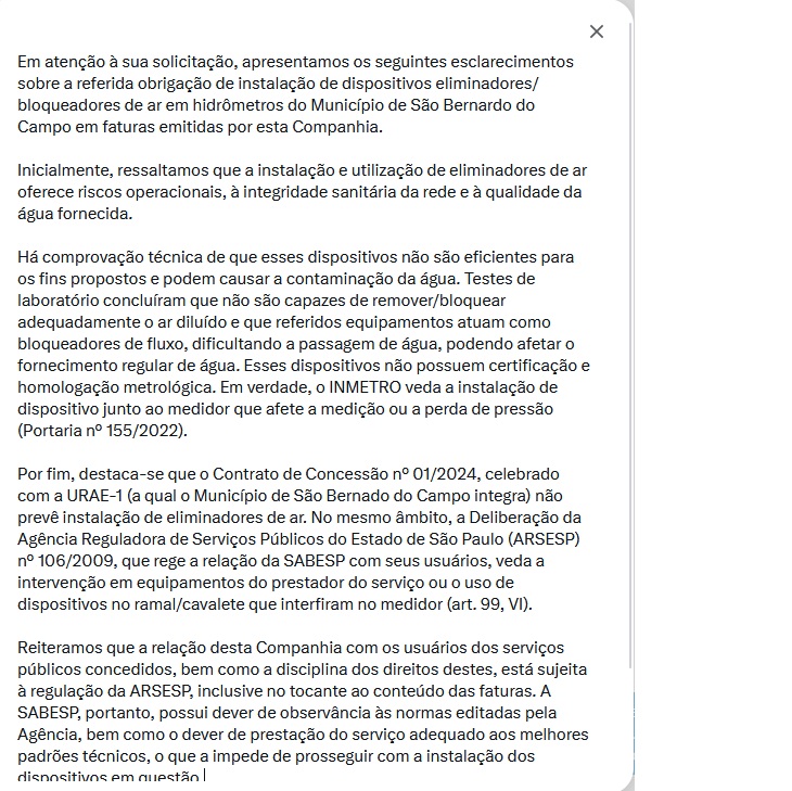 mrp5150's tweet photo. @sabesp    @JulinhoFuzari  Pelo visto a Teorica lei qu eparovaram nao serve de nada:
LEI Nº 7.502, DE 30 DE OUTUBRO DE 2025
(Regulamentada pelo Decreto nº 23116/2025)
Projeto de Lei nº 31/2017 - Vereador Julinho Fuzari
Olha a resposta da SAbesp.
Só enganação mesmo voces!!!! https://t.co/18NCuccy57