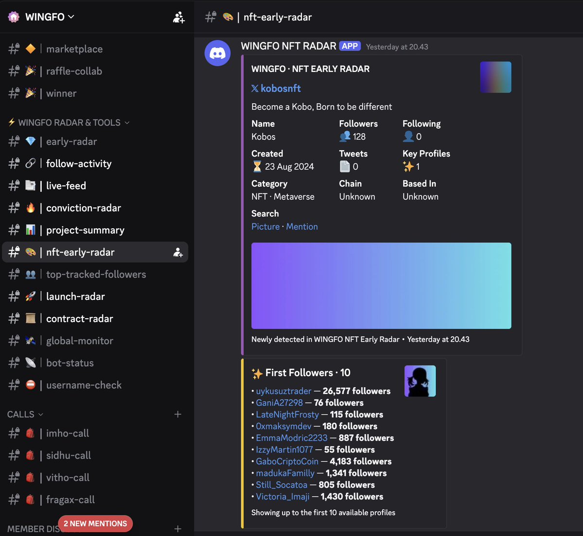 weingfo's tweet photo. We’re seriously building out the WINGFO Discord and everything is free to access.

Right now we already have First Followers & Smart Followers tracking, Early Project Radar, NFT Early Radar, Project Summary, Follow Activity, Launch & Contract Radar, Live Feed, and more tools still in progress.

We also did a massive server cleanup and brought the community down to around 260 members for now. I’d rather keep it smaller, cleaner, and filled with people who are actually active and looking for early opportunities.

If you’re a developer and want to build useful tools with us, feel free to DM me.

Let’s build and cook together. More coming soon 🫡