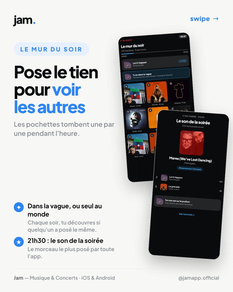 jamapp_fr's tweet photo. Nouveau sur Jam : le son du jour.
Tous les soirs à 20h30, toute l'app pose le morceau qu'elle a le plus écouté. Un seul.
Tu ne vois ceux des autres qu'après avoir posé le tien.
À 21h30, on découvre le son de la soirée. https://t.co/6Q0ILHrf8B