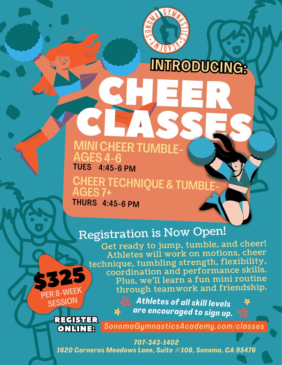 FlipsFitnessFun's tweet photo. Introducing: CHEER CLASSES!

Sonoma Gymnastics Academy is happy to offer two new options for ages 4-6 &amp; 7+. OPEN NOW:

https://t.co/DjII1Z1NM6

Call 707-343-1402 or email info@sonomagymnasticsacademy.com
#cheer #cheerleading #kids #gymnastics #sonoma #sports #fitness #gym #health https://t.co/7Diz9Vgl6l