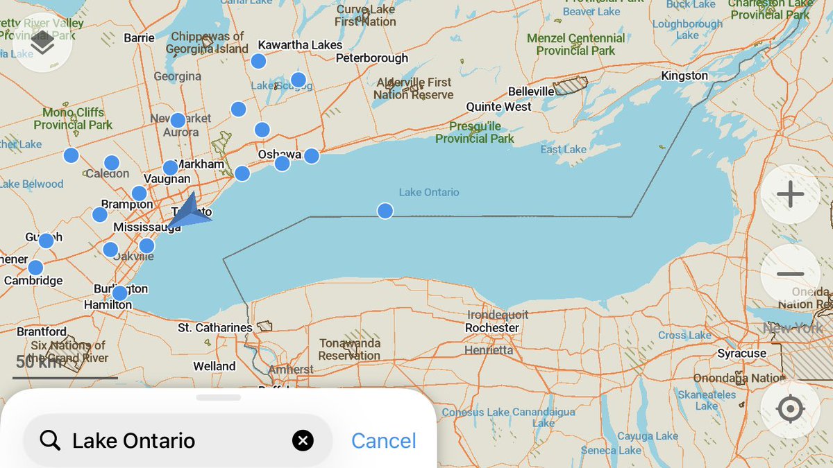 PetfindToronto's tweet photo. @CanadaGoose911 @ruthmkb Trying Organic Maps. So far okay. 
Lake Ontario as it should be. 🤪 bye bye google &amp; apple. Enough. Just enough. https://t.co/3lEOqm3eNP