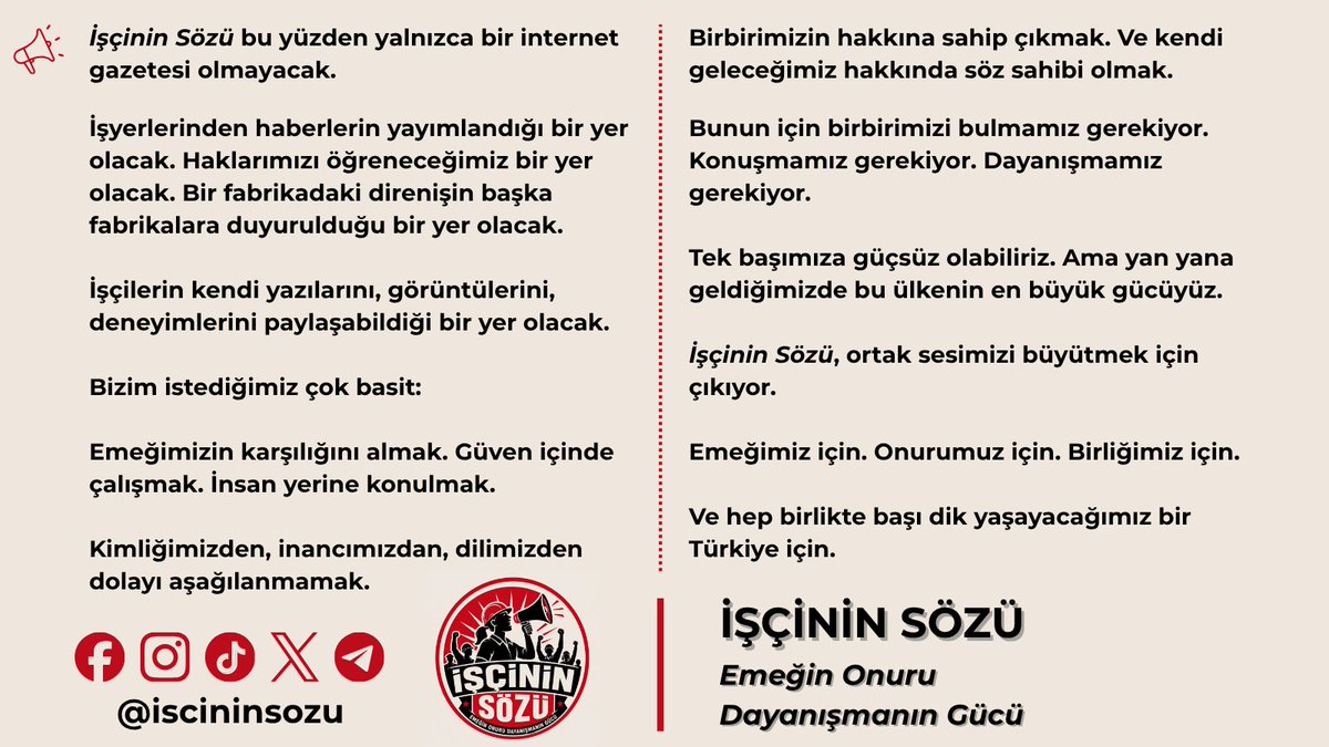 iscininsozu's tweet photo. İşçinin Sözü, Ortak Sesimizi Büyütmek İçin Yola Çıkıyor! 

🛠️Emeğin Onuru
✊Dayanışmanın Gücü

🔴 İşçinin Sözü; işyerlerinden haberleri, işçilerin mücadelelerini, haklarımızı ve dayanışmayı büyütmek için yola çıkıyor.

#iscininsozu https://t.co/TfTgGguZF5