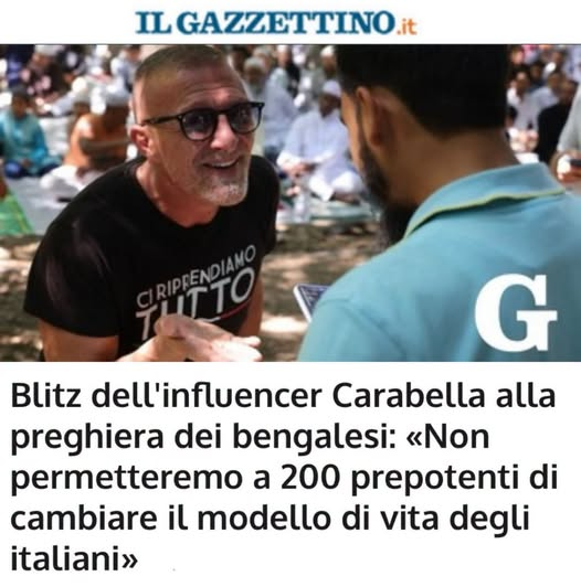 RobertoAvventu2's tweet photo. L’influencer Carabella, conosciuto sui social per i suoi contenuti e le sue provocazioni in luoghi pubblici, avrebbe interrotto la preghiera di un gruppo di cittadini di origine bengalese al Parco Piraghetto a Mestre: l’influencer si sarebbe avvicinato al gruppo con in mano il cellulare ed un panino al prosciutto, arrivando a camminare sui tappeti utilizzati per la preghiera.