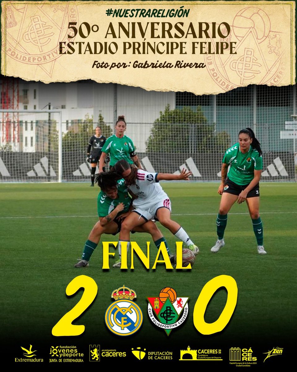 CacerenoFem's tweet photo. 🔚 Final del partido. El #CacereñoFem mereció mucho más, pero se impuso la pegada del filial del @realmadridfem 

📸 @Gab0ndo 

#RealMadridBCacereñoFem ⚪ 2-0 💚

#NuestraReligión #AúpaCPC https://t.co/byRO6BL7Ee