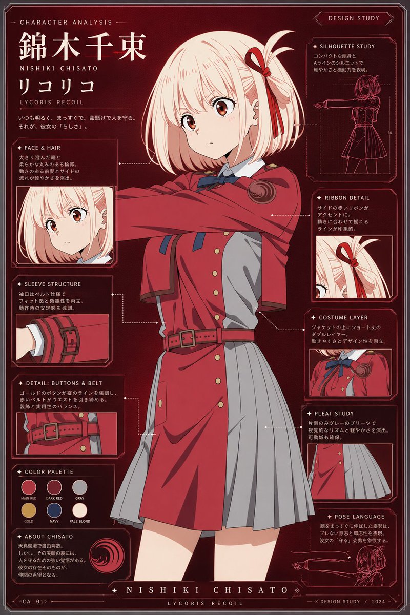 asteriasillust's tweet photo. 凛とした眼差しに宿る強さ、鮮やかな赤に滲む情熱。錦木千束の魅力を細部まで丁寧に解き明かし、可憐さと芯の強さが同時に伝わる、思わず見惚れる研究ポスターに仕上げました。 https://t.co/HERTT6uNSq