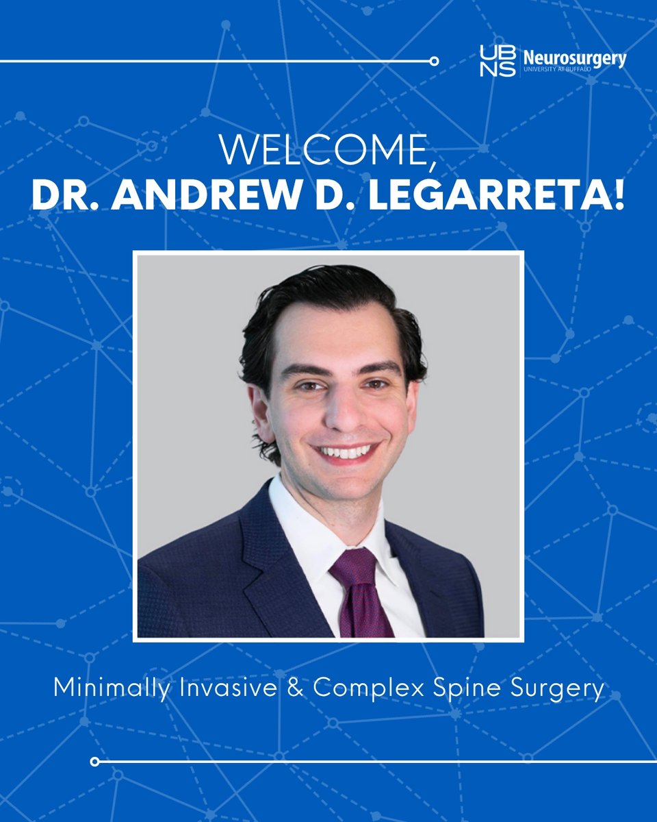 UB_Neurosurgery's tweet photo. Please join us in welcoming Andrew D. Legarreta, MD @adlegarreta, to UB Neurosurgery! 

Dr. Legarreta specializes in minimally invasive and complex spine surgery, with additional clinical interests in sports medicine and neurotrauma.
 https://t.co/zoZXnD5fZl https://t.co/5pLJ2jvz59