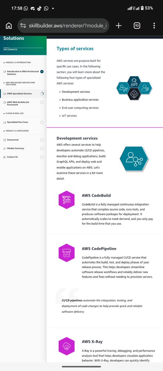 dloneW_25's tweet photo. AWS Cloud Practitioner Essentials: complete. 🎉
Module 13 covered CodeBuild, X-Ray, Amplify, Connect, WorkSpaces, IoT Core, Well-Architected Framework.
Individual services → real architected solutions. That's what stuck.
15/15 ✅ 
#AWS #AWSCloudPractitioner #AWSStudentBuilders https://t.co/fQTs8u4Lhe