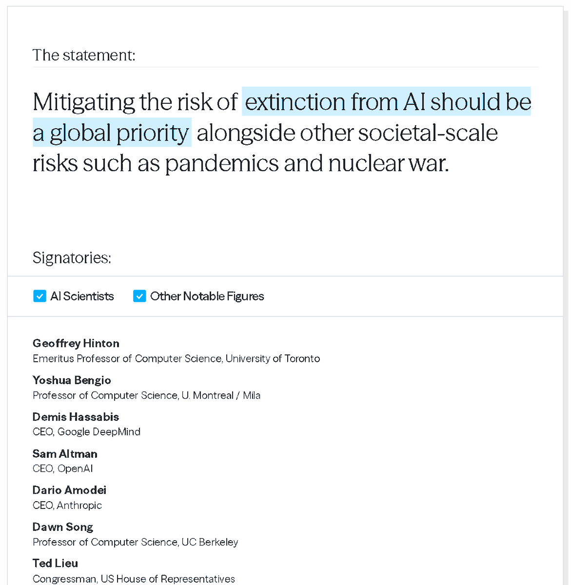 robbensinger's tweet photo. Altman: "Development of superhuman machine intelligence is probably the greatest threat to the continued existence of humanity." + "The bad case—and I think this is important to say—is, like, lights out for all of us."

Amodei: "[T]here will be powerful models; they will be agentic; we're getting towards them. If such a model wanted to wreak havoc and destroy humanity or whatever, I think we have basically no ability to stop it." + gave a probability of "doom" from AI advances (including worse-than-death and comparable-to-death scenarios) of 25%.

Christiano, former head of ASI safety research at OpenAI: "I think maybe there's something like a 10-20 percent chance of AI takeover, [with] many [or] most humans dead" + "more up to a 50/50 chance of doom shortly after" human-level AI.

Leike, Anthropic ASI safety research lead: Affirmed that his probability of "doom" from ongoing AI advances is "more than 10% and less than 90%".

OpenAI blog post (by Sutskever and Leike): "[T]he vast power of superintelligence could also be very dangerous, and could lead to the disempowerment of humanity or even human extinction. [...] Currently, we don't have a solution for steering or controlling a potentially superintelligent AI, and preventing it from going rogue. Our current techniques for aligning AI, such as reinforcement learning from human feedback⁠, rely on humans’ ability to supervise AI. But humans won’t be able to reliably supervise AI systems much smarter than us, and so our current alignment techniques will not scale to superintelligence. We need new scientific and technical breakthroughs."

Kokotajlo, former OpenAI governance researcher: "We at the Futures Project think that there's a 70% chance of all humans dead or something similarly bad."

Legg, Google DeepMind co-founder and senior scientist: "Eventually, I think human extinction will probably occur, and technology will likely play a part in this.  But there's a big difference between this being within a year of something like human level AI, and within a million years. As for the former meaning...I don't know.  Maybe 5%, maybe 50%."

Hinton, who won the Nobel Prize for pioneering deep learning: “If I were advising governments, I would say that there’s a 10% chance these things will wipe out humanity in the next 20 years.” Later clarified that his inside-view odds are greater than 50%, and that he gave the lower number out of deference to peers who disagree. Left Google in order to speak more candidly about the risks.

Musk: "I think there's some chance that it will end humanity. I probably agree with Geoff Hinton that it's about 10% or 20% or something like that. I think that the probable positive scenario outweighs the negative scenario." + "Like if the difference in intelligence between AI and humans is vastly greater than the difference in intelligence between AI and chimpanzees, it's hard to imagine that the chimpanzees would be in charge. [...] My sort of philosophical conclusion is to look on the bright side. I can't see any way to really stop this incredible momentum of AI and robots. And at times I sort of think, well, perhaps, even if there was a stop button, we probably shouldn't press it."

Pretty easy to find quotes showing that these people generally expect strongly human AI in under 10 years, and very possibly in under 2 years.