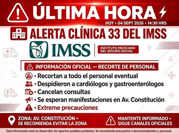 GARCIPAVON's tweet photo. 🚨 INFORMACIÓN IMPORTANTE - CLÍNICA 33 DEL IMSS, NUEVO LEÓN 🚨
Se informa que el día de hoy fue recortado todo el personal eventual de la Clínica 33 del IMSS.
Trascendió que también fueron despedidos cardiólogos y gastroenterólogos para lo que resta del año, lo que ha provocado la cancelación de consultas de pacientes.
Ante esta situación, se esperan manifestaciones sobre la Avenida Constitución, por lo que se pide a la ciudadanía extremar precauciones.
La reflexión que deja este hecho es: no hay presupuesto para el sector médico, pero sí hay recursos para programas sociales y para enviar dinero a Cuba.
✍️  Vecinos Hacienda Los Morales