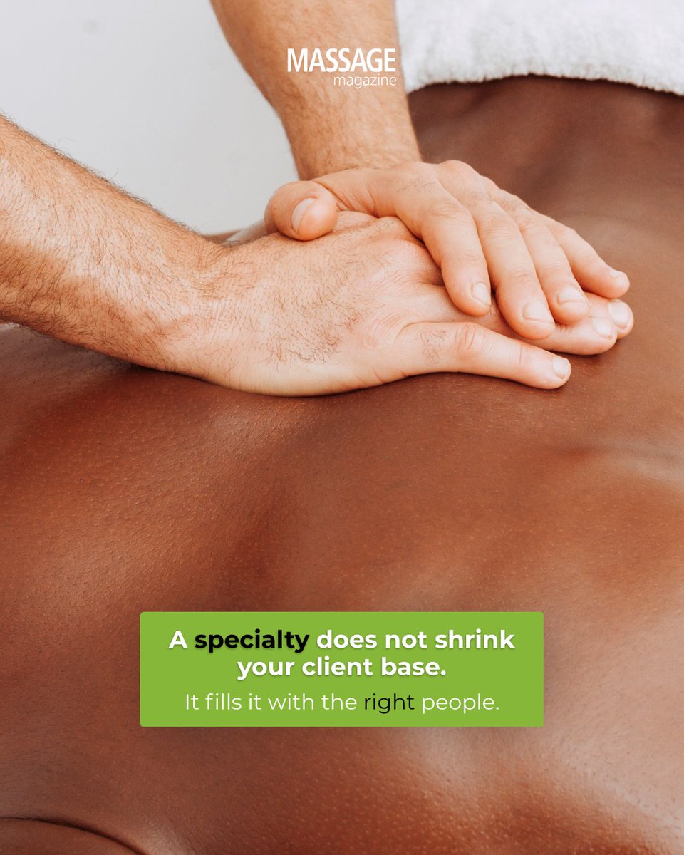 massagemag's tweet photo. Sports recovery. Prenatal care. Oncology massage. Lymphatic drainage. Myofascial release.

Specializing does not shrink your client base. It sharpens it. The clients who find you through your niche tend to be more committed, more loyal, and more willing to pay your rate.

What is your specialty or what are you working toward? Drop it in the comments.