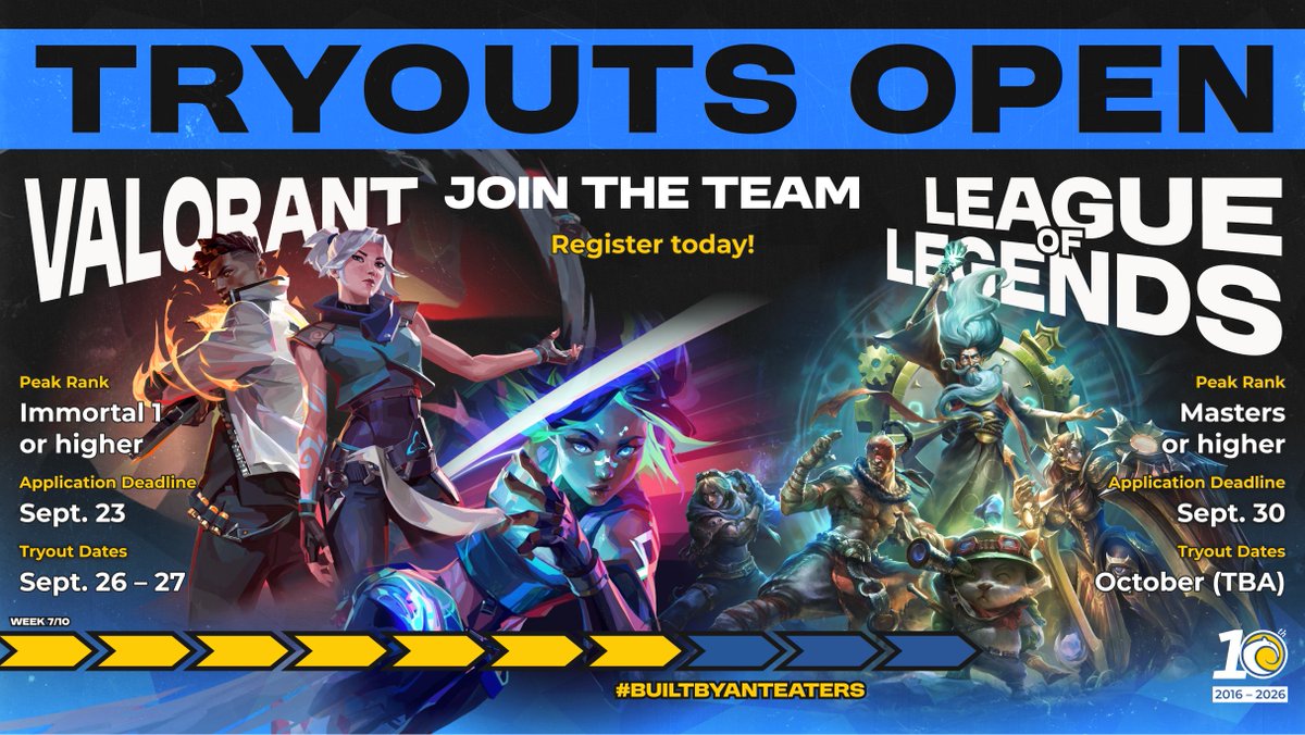 UCIEsports's tweet photo. Team Tryouts Open! 🔥

We are looking for League of Legends and VALORANT players to join our 2026 – 2027 rosters. Test your skills and join the legacy of excellence!

Register for tryouts: https://t.co/luWGFp93nH

📍 Week Seven of 10

#BuiltByAnteaters #UCIrvineEsports https://t.co/pV8bcZDJph