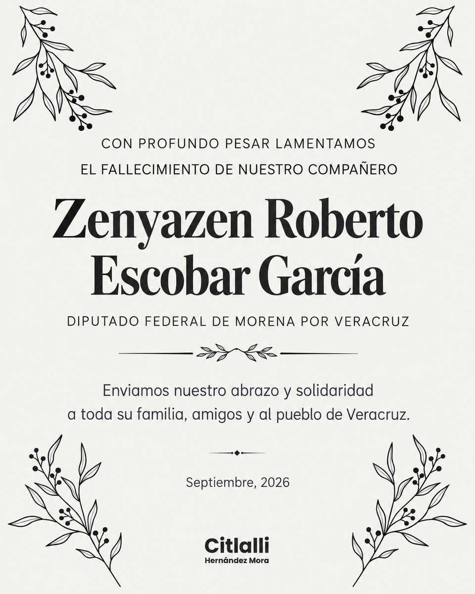 CitlaHM's tweet photo. Con profundo pesar lamento el fallecimiento de nuestro compañero Zenyazen Roberto Escobar García.

Maestro y servidor público, Zenyazen hizo de la educación una parte central de su vida. Desde las aulas y el movimiento magisterial llegó al Congreso de Veracruz, encabezó la Secretaría de Educación del estado y continuó sirviendo a las y los veracruzanos como diputado federal de @PartidoMorenaMx 

Mi abrazo y solidaridad a toda su familia, a sus amigos, compañeros y al pueblo de Veracruz.

Hasta siempre, compañero Zenyazen.