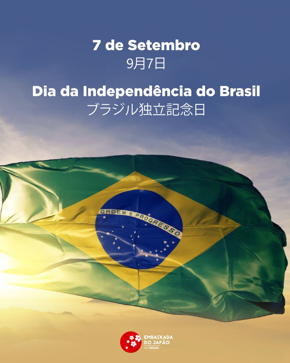 embaixadajapao's tweet photo. Feliz Dia da Independência, Brasil! 🇧🇷 O Japão se orgulha de fazer parte da história da nação brasileira, que sempre acolheu com tanto carinho a comunidade e a cultura japonesas. 
Parabenizamos todos os brasileiros por esta data histórica!  #diadaindepedência #7desetembro #Brasil https://t.co/zEk9mqZzWg