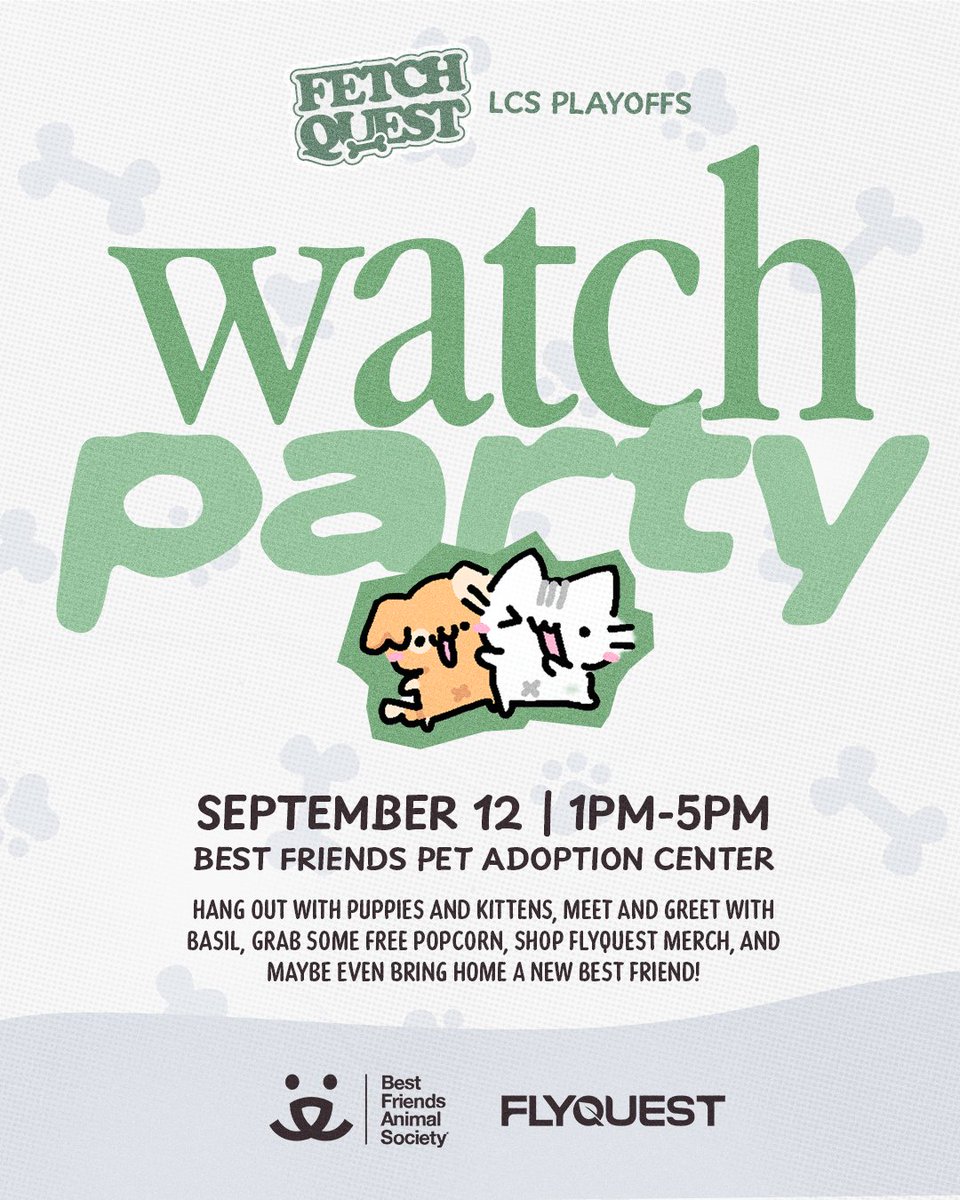 FlyQuest's tweet photo. LCS PLAYOFFS WATCH PARTY WITH @BasiilLeaf ! 🐾 

We’re teaming up with @bestfriends for a FREE LCS Playoffs Watch Party at their LA adoption center! 

Hang out with @BasiilLeaf, open a fruit cat blind box, shop our apparel, and even adopt a furry friend!

📅 September 12th
⏰ 1PM–5PM
📍 Best Friends Adoption Center, LA

🎟️ RSVP HERE:
https://t.co/cyhxboPbUG